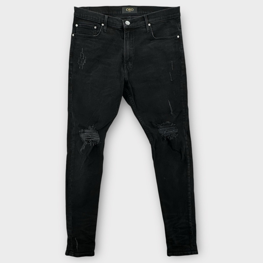 Oro‎ Los Angeles Jeans Mens 32x34 Black Skinny Ripped Ankle Zip Distressed Denim